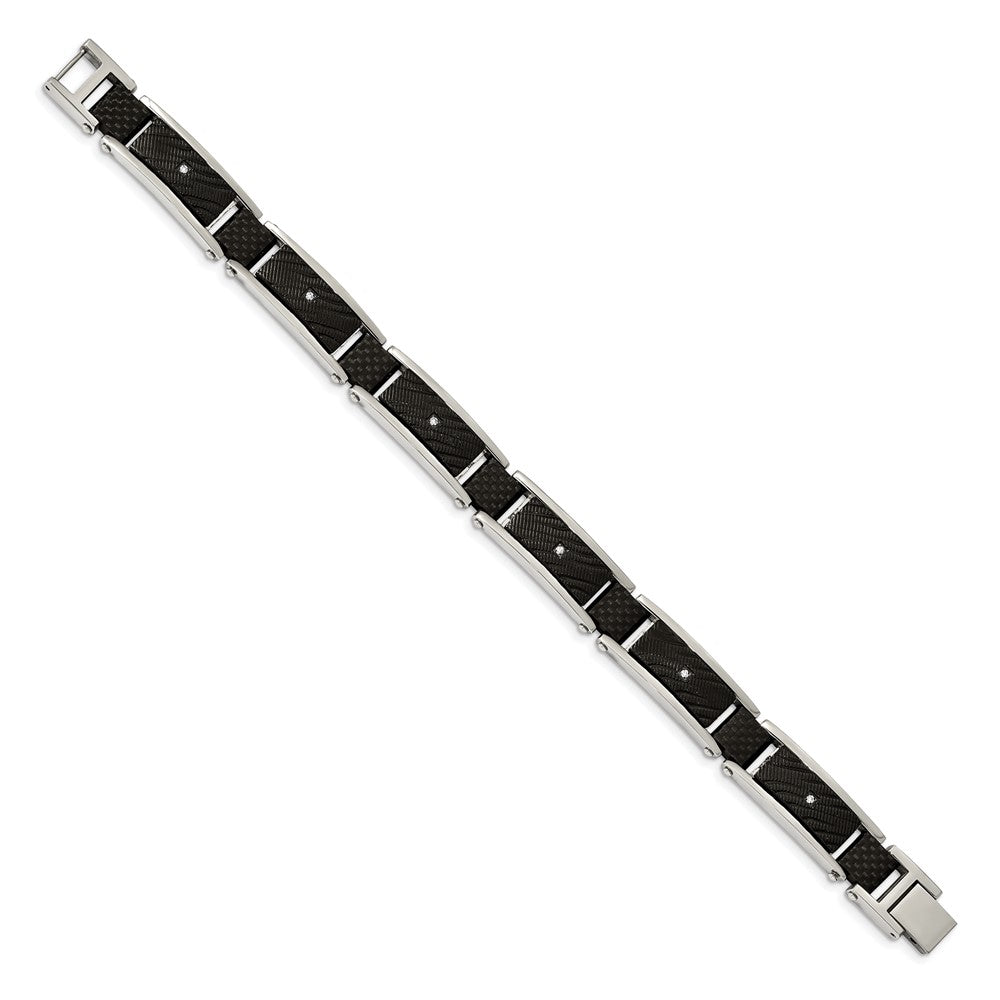 Stainless Steel Polished Blk IP w/CZ and Black Carbon Fiber 8.75in Bracelet 8.75 inches