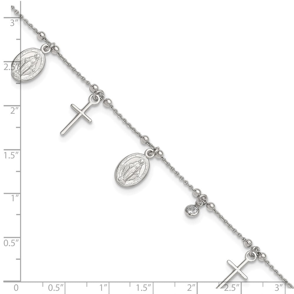 Sterling Silver Rhodium-plated CZ Cross and Mary Charm 9in w/1in ext Anklet 9 inches