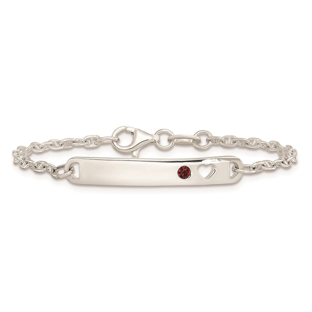 Sterling Silver Polished Childrens ID with Red CZ Heart Bracelet 5.5 inches