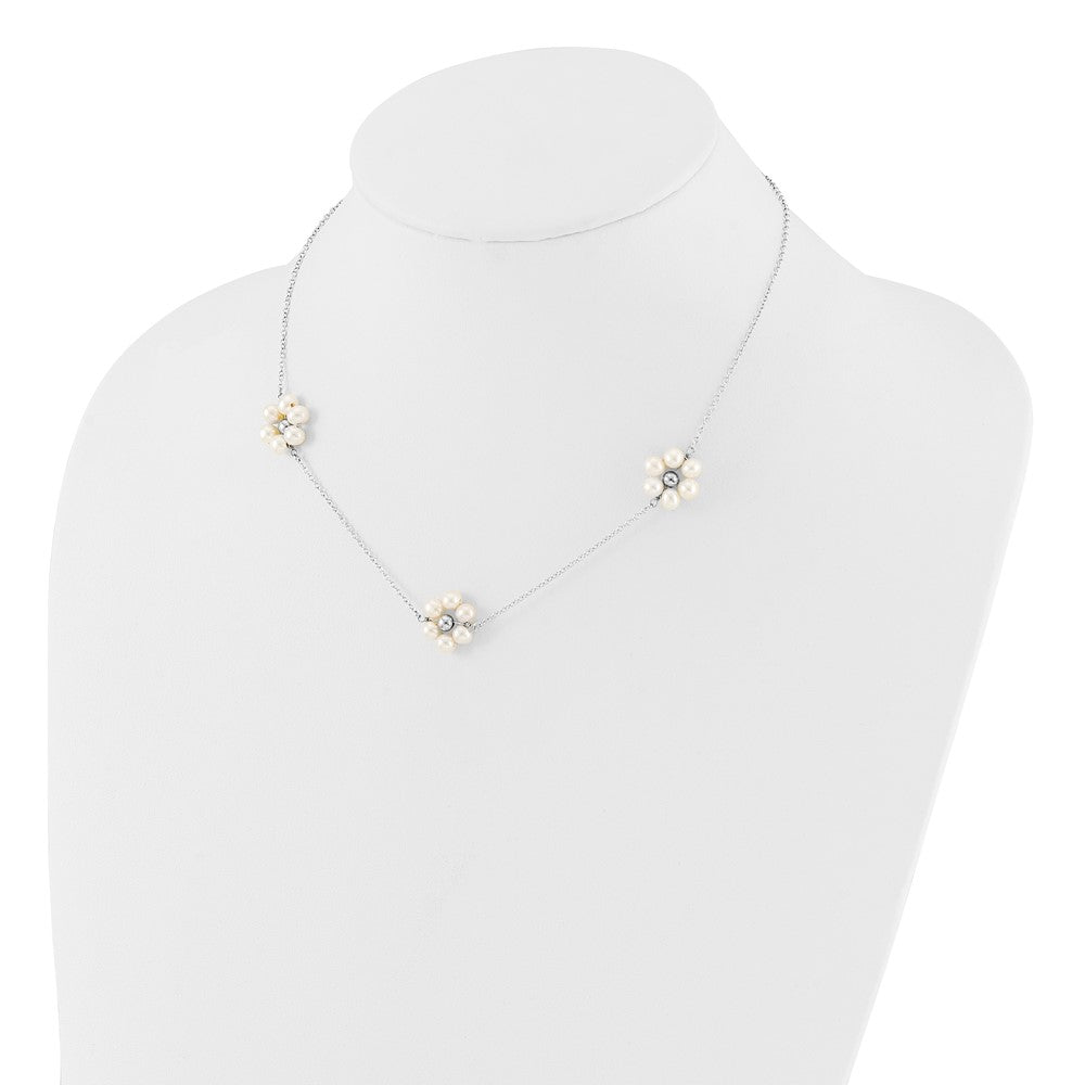 Sterling Silver Rhodium-plated 4-5mm White Semi-Round Freshwater Cultured Pearl Flower 17 inch with 1.75 inch Extension Necklace