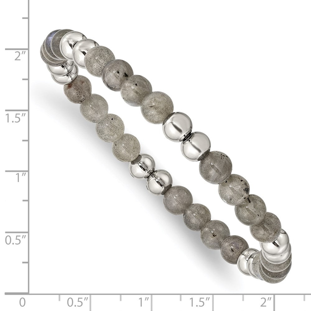 Stainless Steel Polished Grey Quartz Beaded Stretch Bracelet 7.25 inches