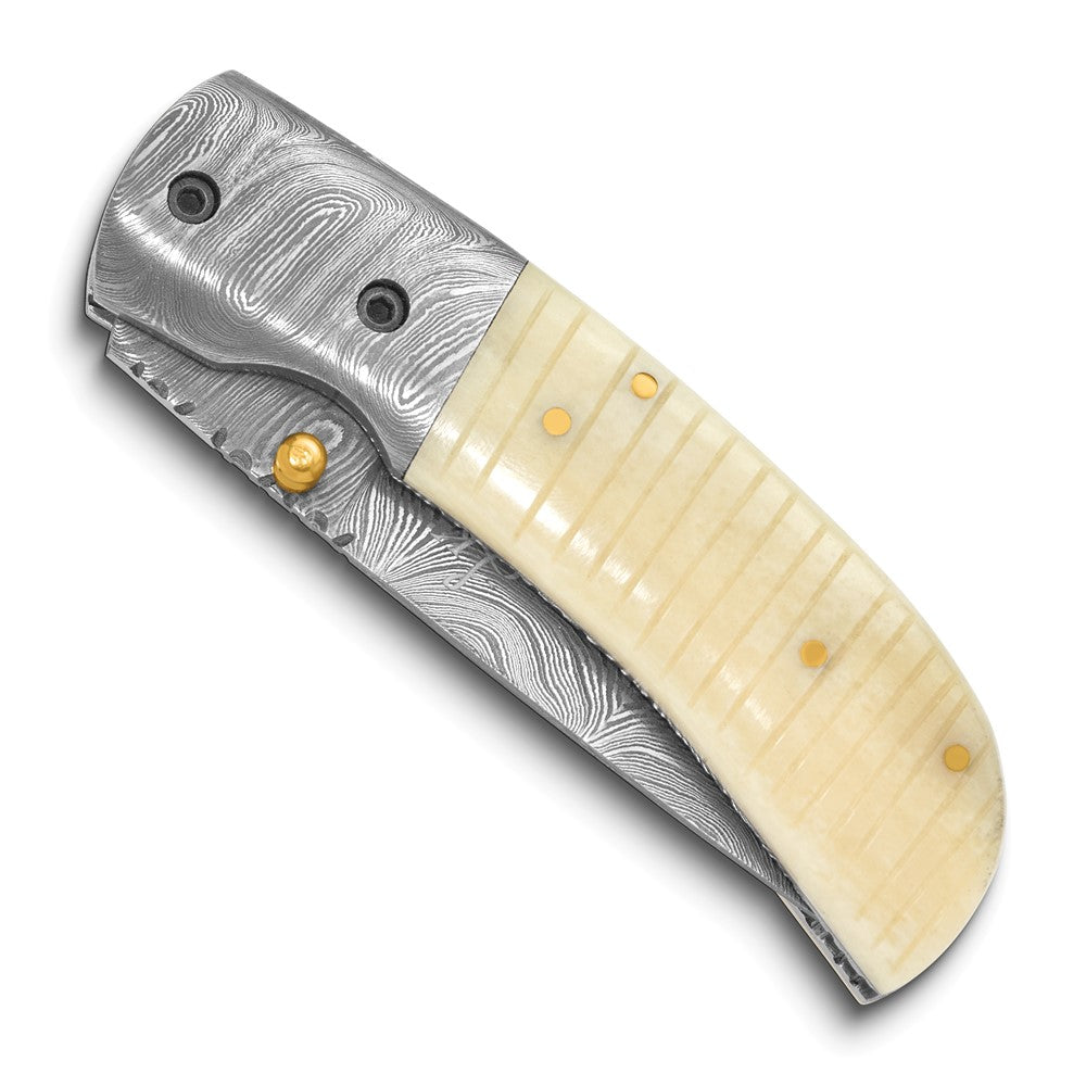 Luxury Giftware by Jere Damascus Steel 256 Layer Folding Blade Camel Bone Handle Knife with Leather Sheath and Wooden Gift Box