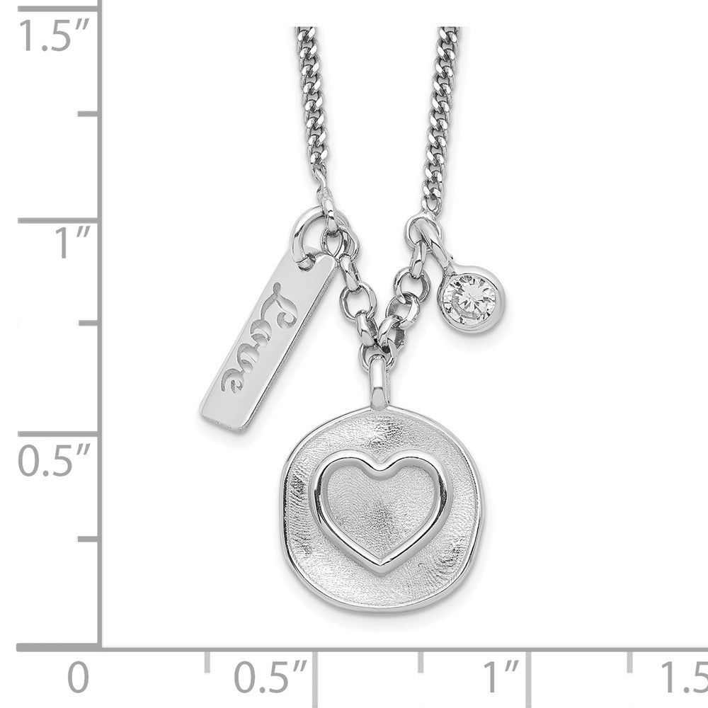Sterling Silver Rhodium-plated Satin Heart/Love/CZ w/1.5in Ext Necklace 16 Inches