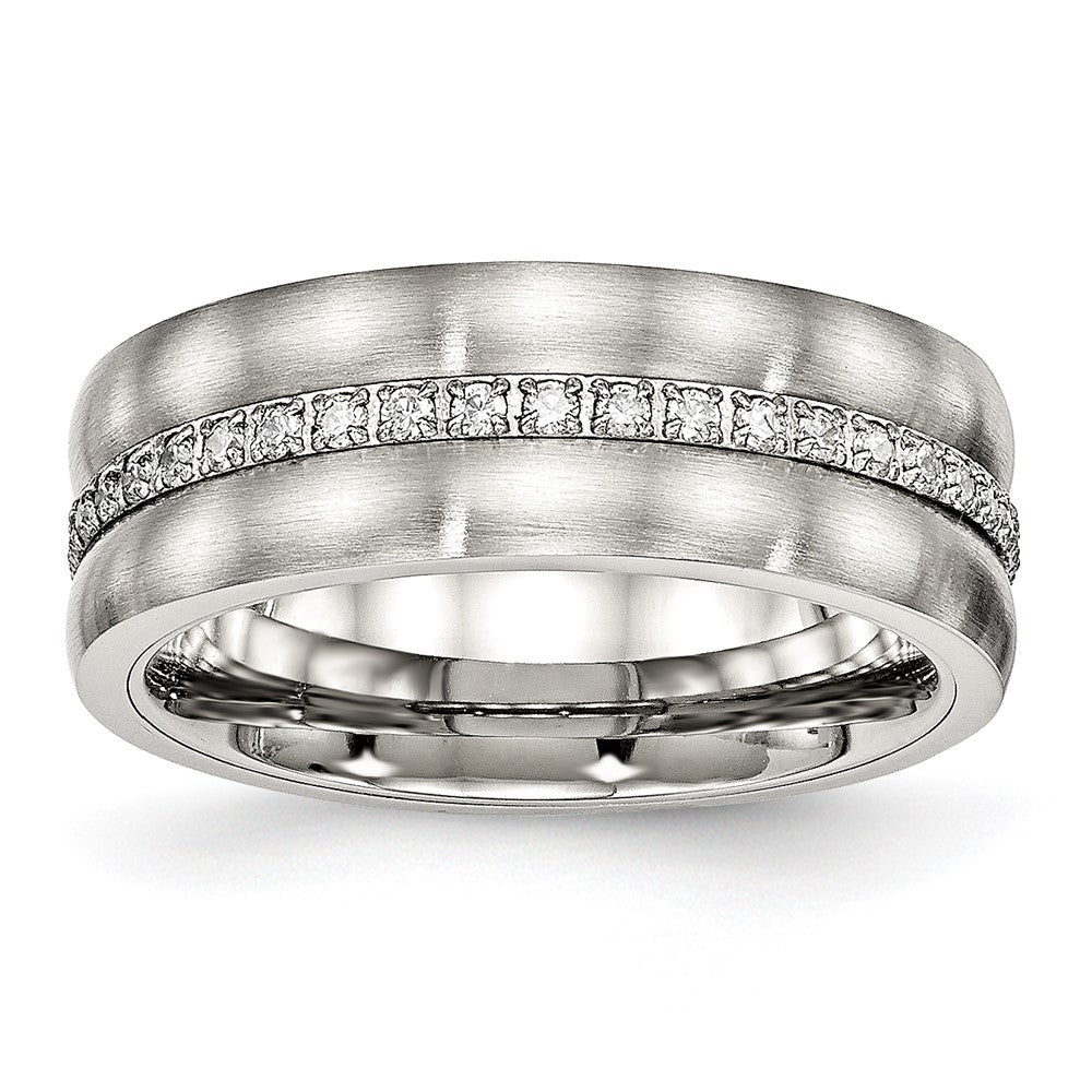 Stainless Steel Brushed and Polished w/CZ Checkered 7.5mm Band Size - 5