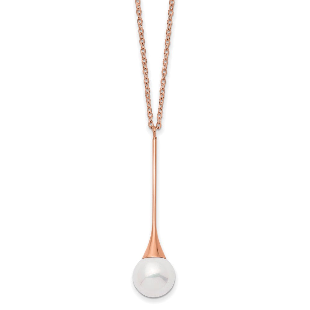 Stainless Steel Polished Rose IP-plated Imitation Pearl  w/1in ext Necklace