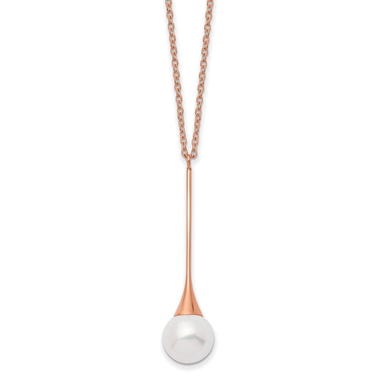 Stainless Steel Polished Rose IP-plated Imitation Pearl  w/1in ext Necklace