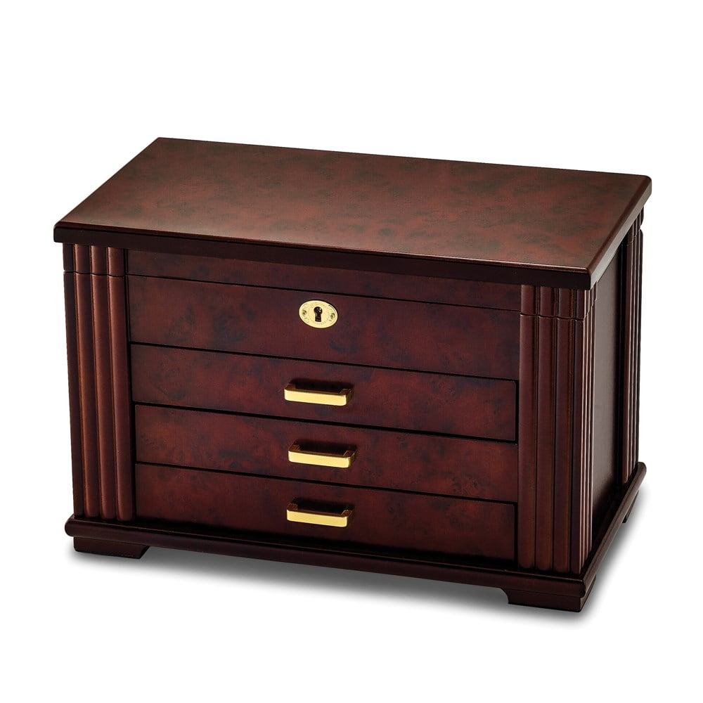 Luxury Giftware by Jere Matte Rosewood Burl Veneer 3-drawer Locking Wooden Jewelry Box QJJB875