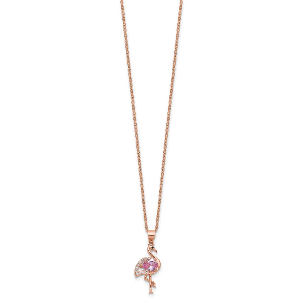 Cheryl M Sterling Silver Rose-tone Polished Lab Created Ruby Black Spinel and CZ Flamingo Necklace 18 Inches