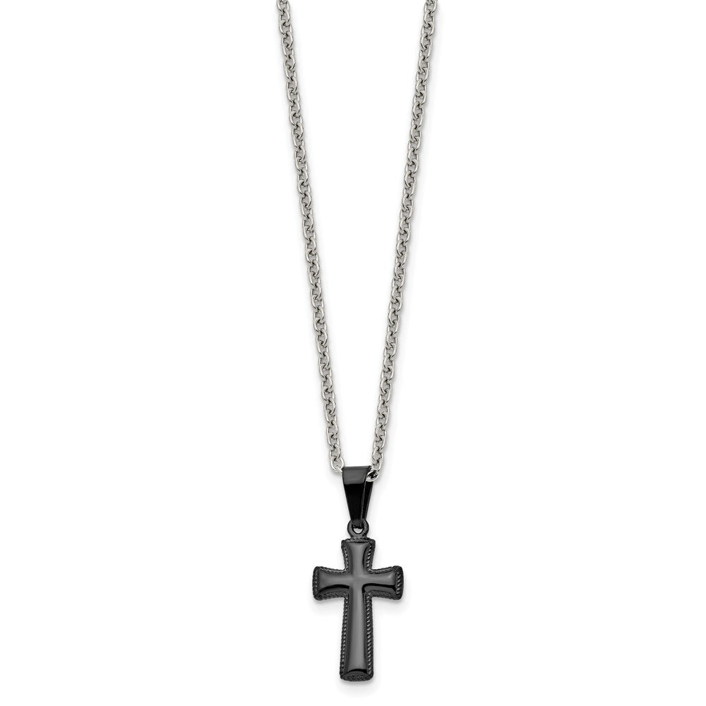 Stainless Steel Polished Black IP-plated Small Pillow Cross 16in Necklace