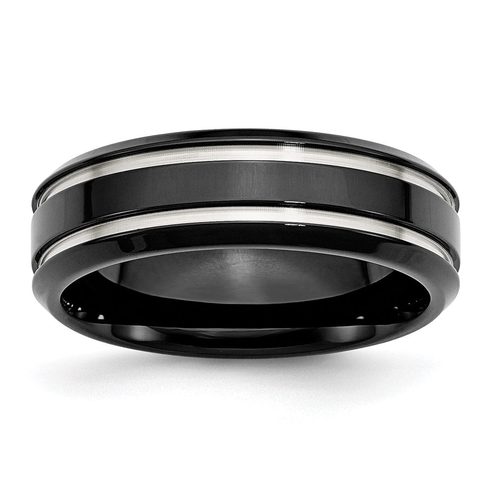 Stainless Steel Polished Black IP-plated 7mm Grooved Band Size - 10.5