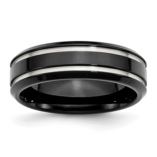 Stainless Steel Polished Black IP-plated 7mm Grooved Band Size - 10.5