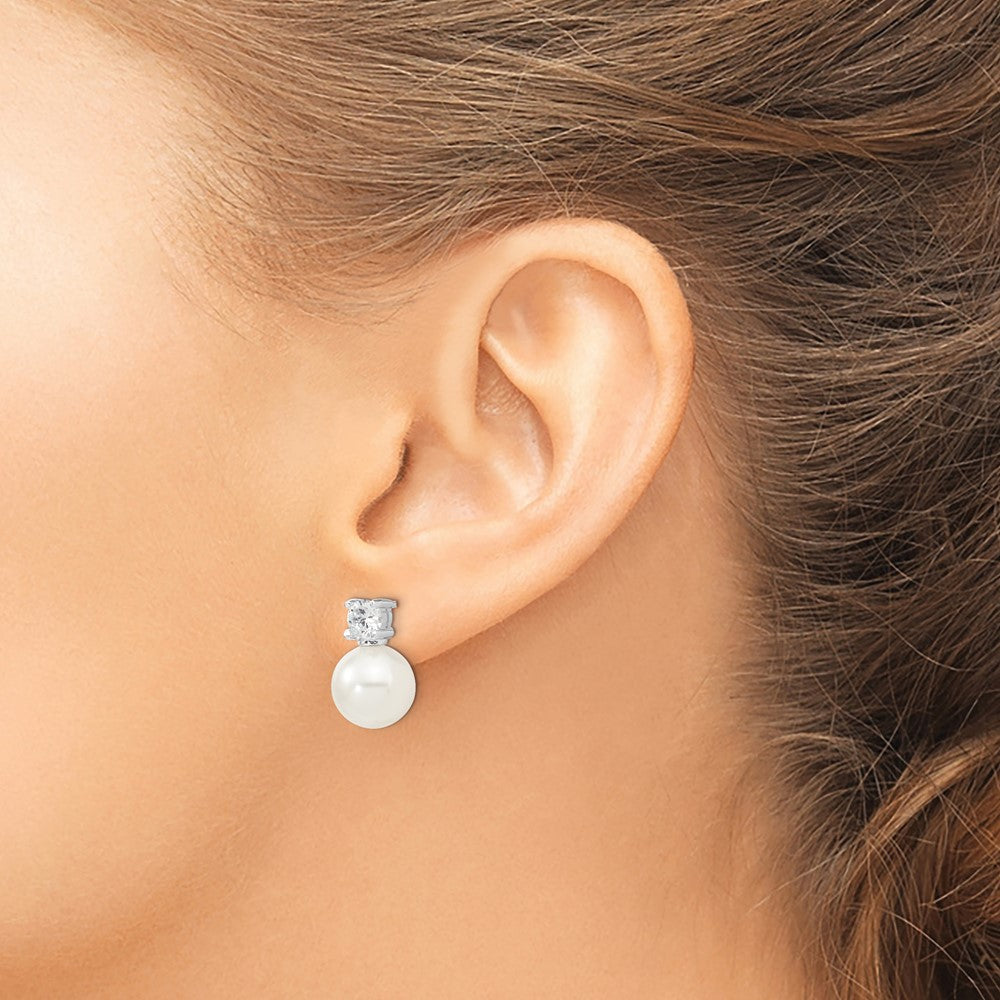 Majestik Sterling Silver Rhodium-plated 10-11mm White Imitation Shell Pearl and CZ Post Earrings