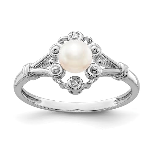 Sterling Silver Rhodium-plated FW Cultured Pearl & Diam. Ring