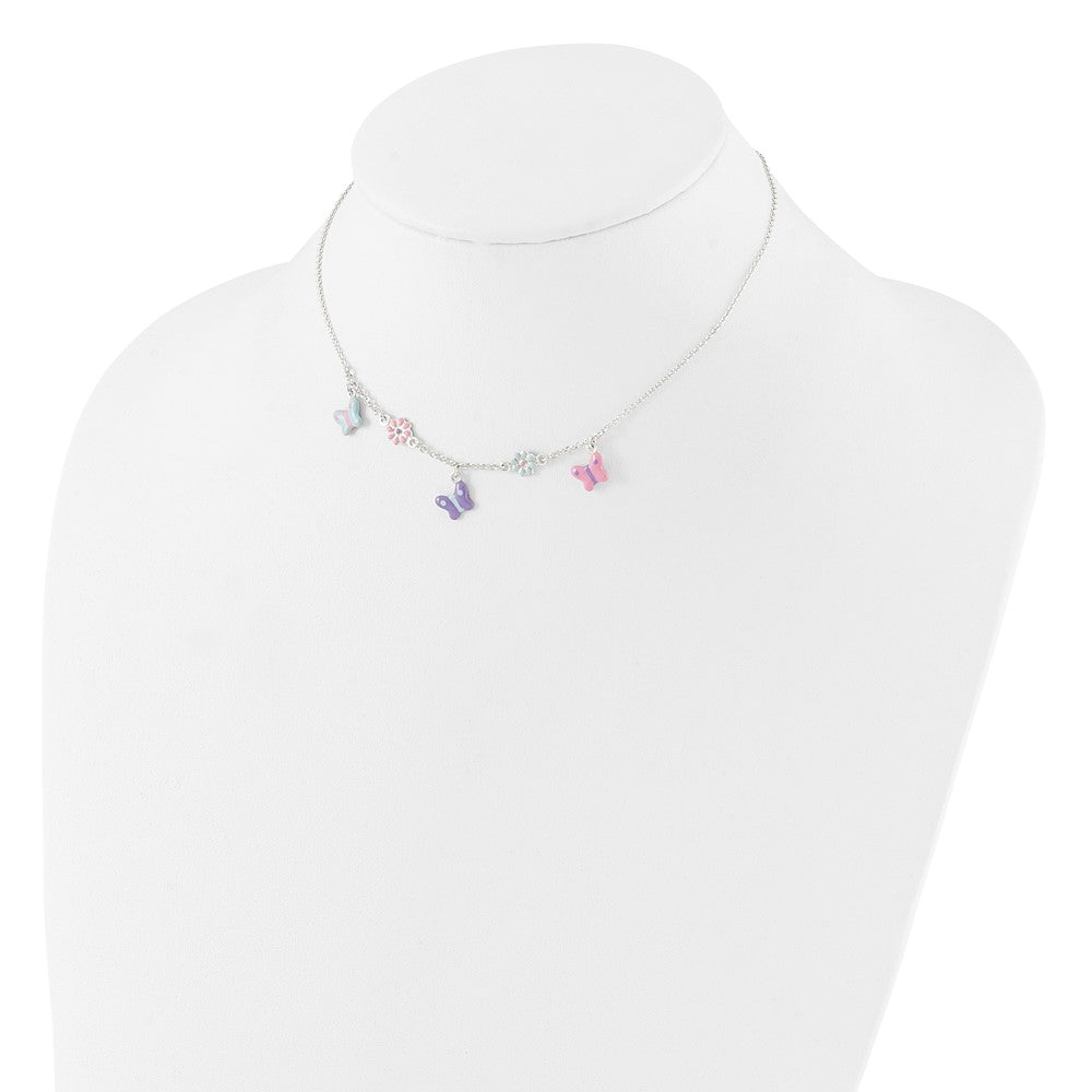 Sterling Silver Polished Enameled Floral & Butterfly Children's Necklace 14 Inches