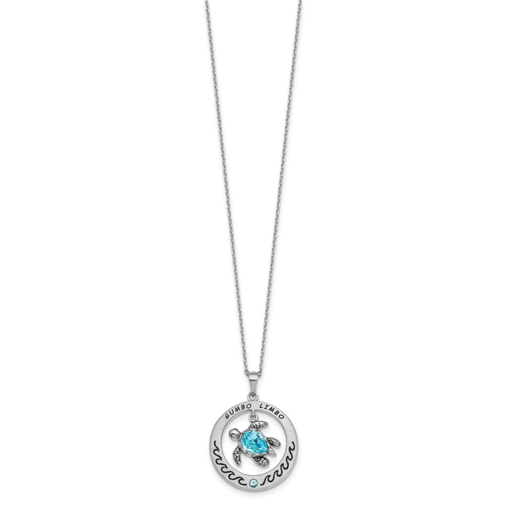 Sterling Silver Rhodium-Plated Blue Crystal Turtle Circle 16 +2in Necklace