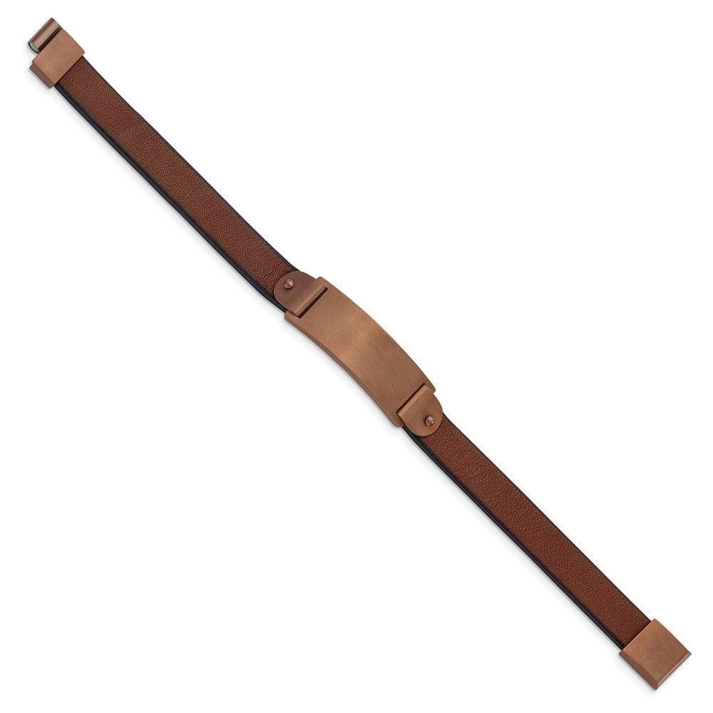 Stainless Steel Brushed Brown IP-plated Brown Leather 8.5in ID Bracelet 8.5 inches