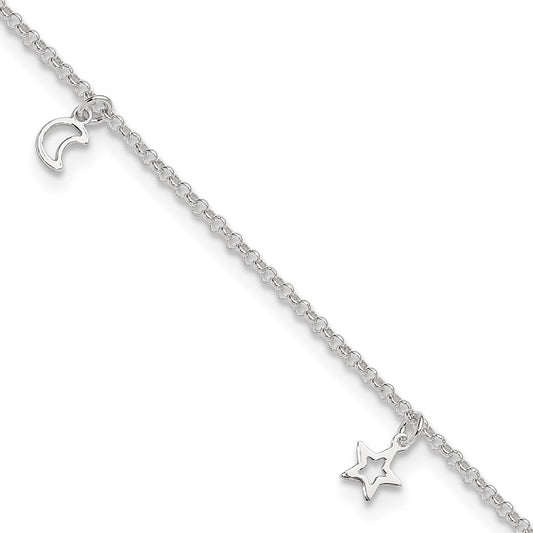 Sterling Silver Moon and Stars 9in Plus 1in Ext. Anklet 9 inches