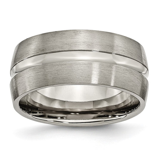 Titanium Brushed and Polished 10mm Grooved Band Size - 10.5