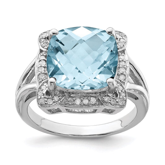 Sterling Silver Rhodium Checker-Cut Sky Blue Topaz & Diam. Ring