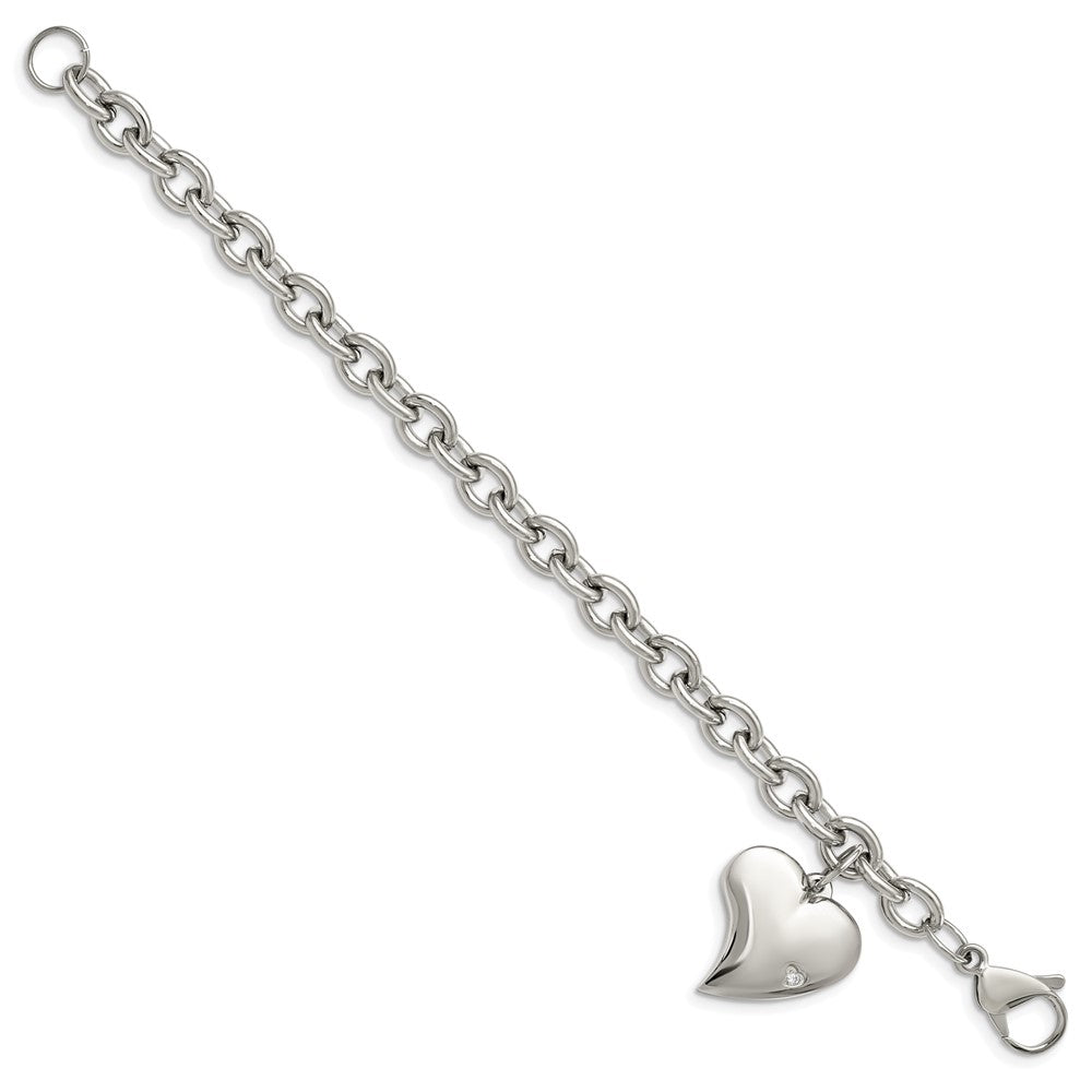 Stainless Steel Polished Link with CZ Heart Dangle Charm 7.5 inch Bracelet 7.25 inches