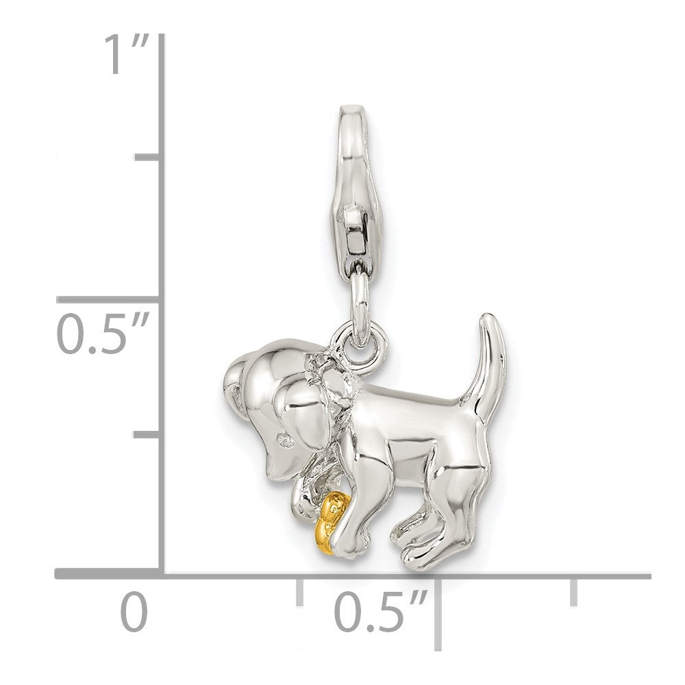 Amore La Vita Sterling Silver Rhodium-plated and Gold-plated Polished 3-D Puppy Holding Bone Charm with Fancy Lobster Clasp
