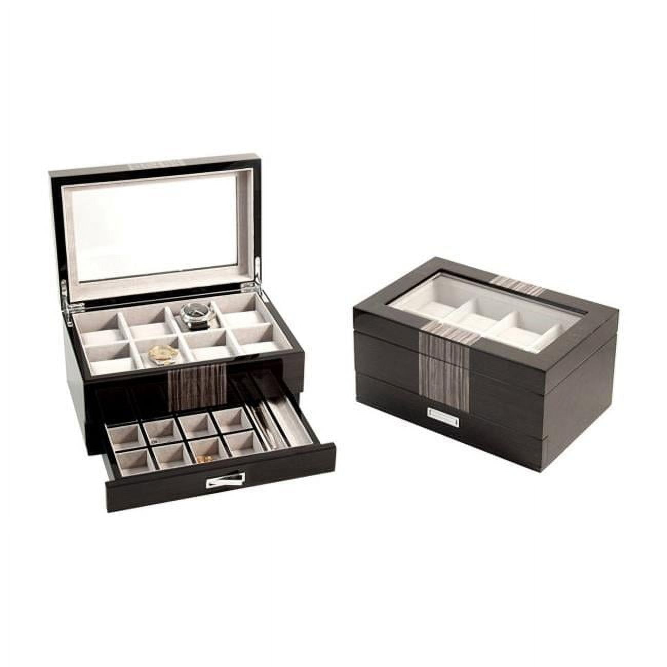 High Gloss Lacquered Wenge Wood Finish Glass Lid 1-Drawer Velour Lined 8-Watch, Cuff Link, and Pen Case GM8736