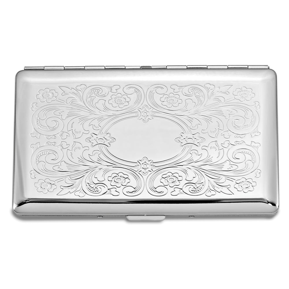 Silver-tone Scrolled Design (Holds 10-120mm) Cigarette/Card Case with Mirror and Engraving Area QGM12308