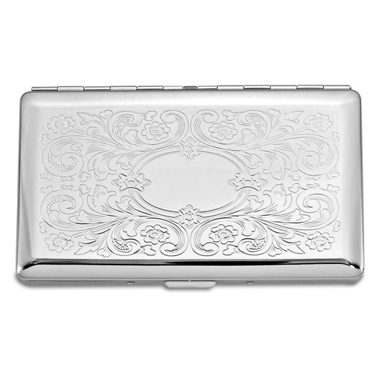 Silver-tone Scrolled Design (Holds 10-120mm) Cigarette/Card Case with Mirror and Engraving Area QGM12308