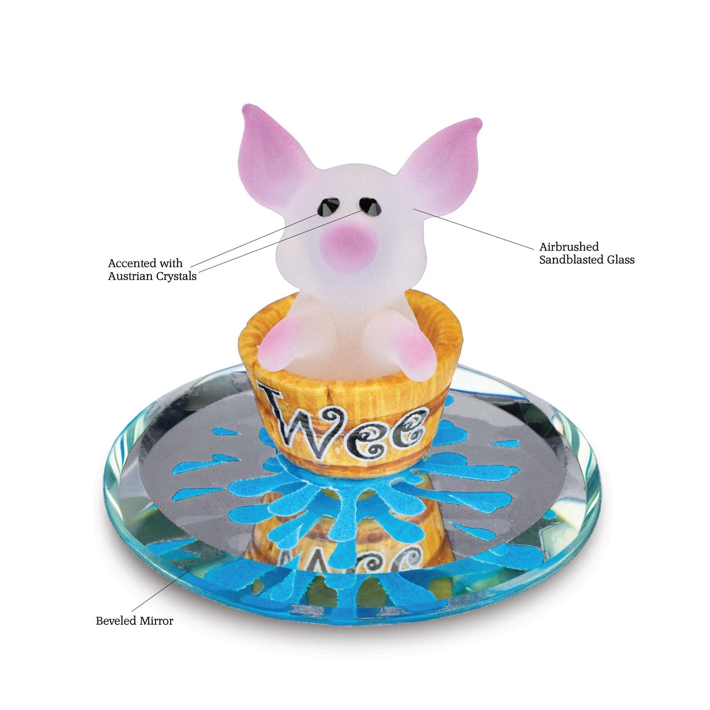 Glass Baron White and Pink Little Wee Pig Figurine in Brown Barrel On Hand Beveled Mirror Base Accented in Genuine Swarovski Crystal