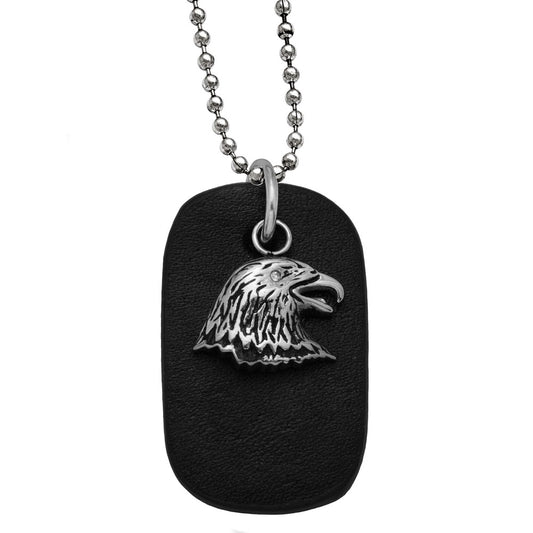 Stainless Steel Eagle on Black Leather Dog Tag on 2.4 mm 22 Bead Neckla