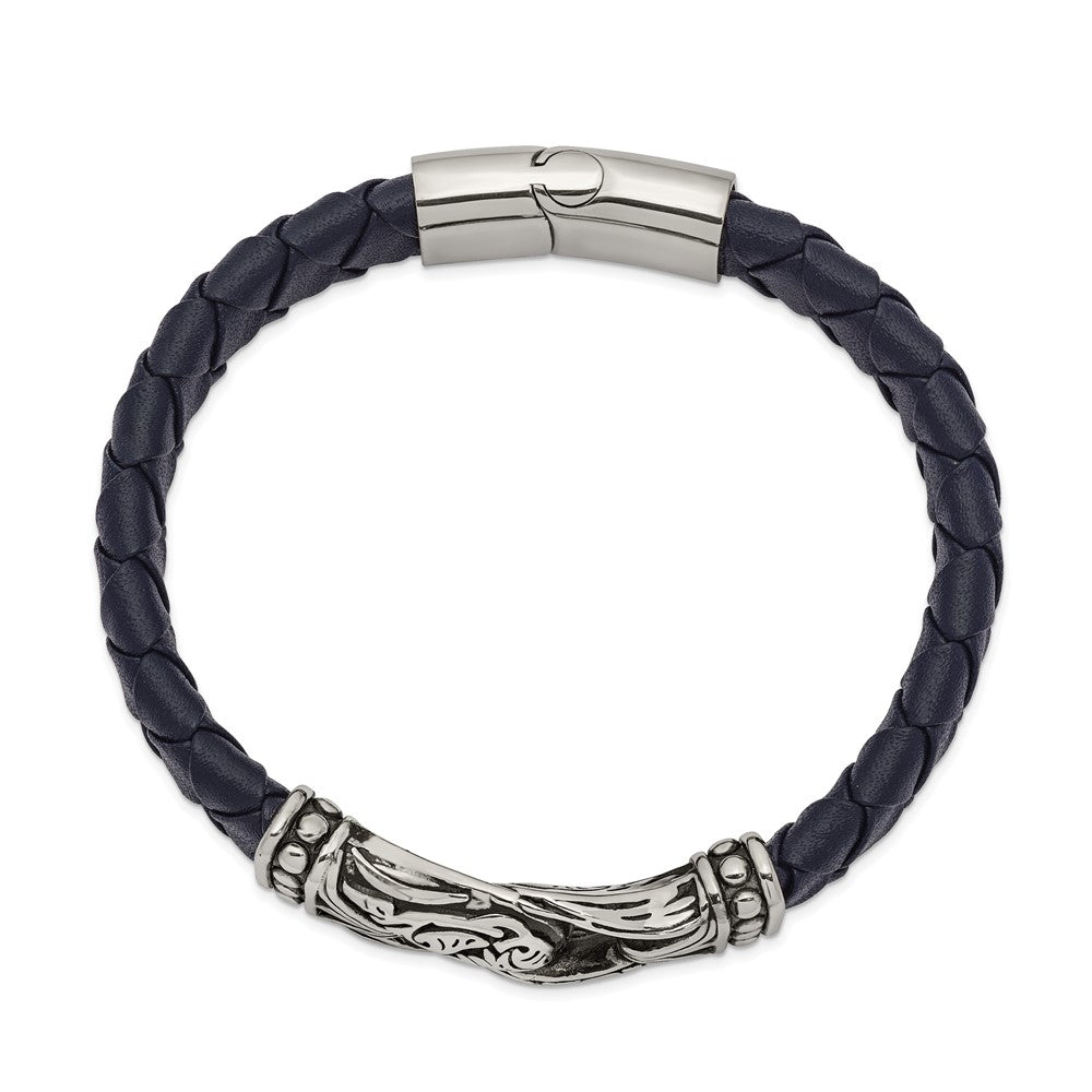 Stainless Steel Antiqued and Polished Blue Leather 8.75in Bracelet 8.75 inches