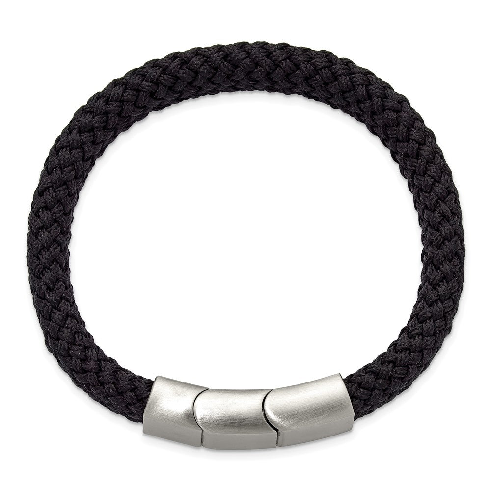 Chisel Stainless Steel Brushed and Polished Black Braided Nylon 8 inch Plus .5 inch Extension Bracelet 8 inches