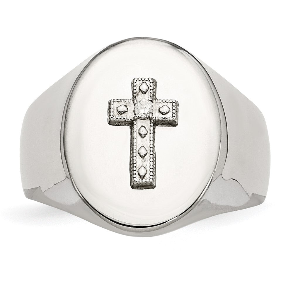 Stainless Steel Polished w/Sterling Silver Cross CZ Signet Ring Size - 10