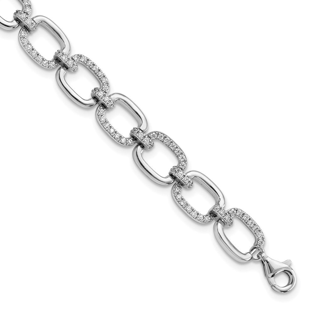 Sterling Silver Rhodium-plated Clear CZ and Polished Square Link 7.75 inch Bracelet 7.75 inches