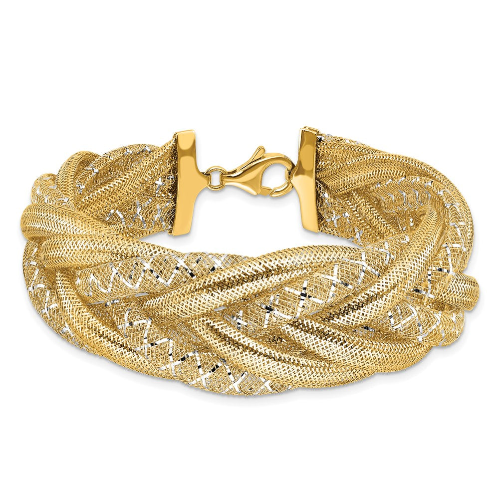 14K w/Rhodium Braided Mesh Stretch Bracelet 7  inches
