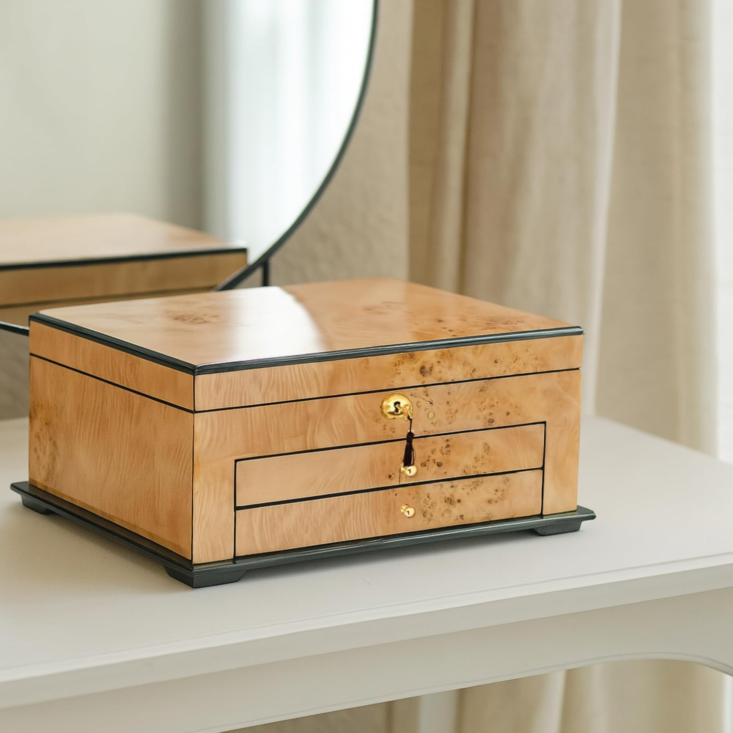 Birdseye Maple Lacquered Wood 3 Level Jewelry Box