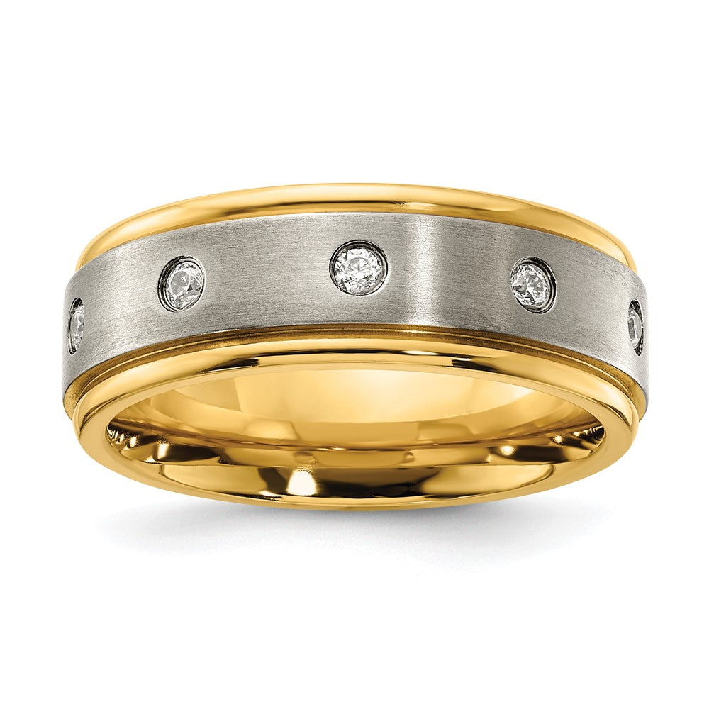 Titanium Polished w/Brushed Center Yellow IP-plated CZ 8.00mm Band Size - 10.5