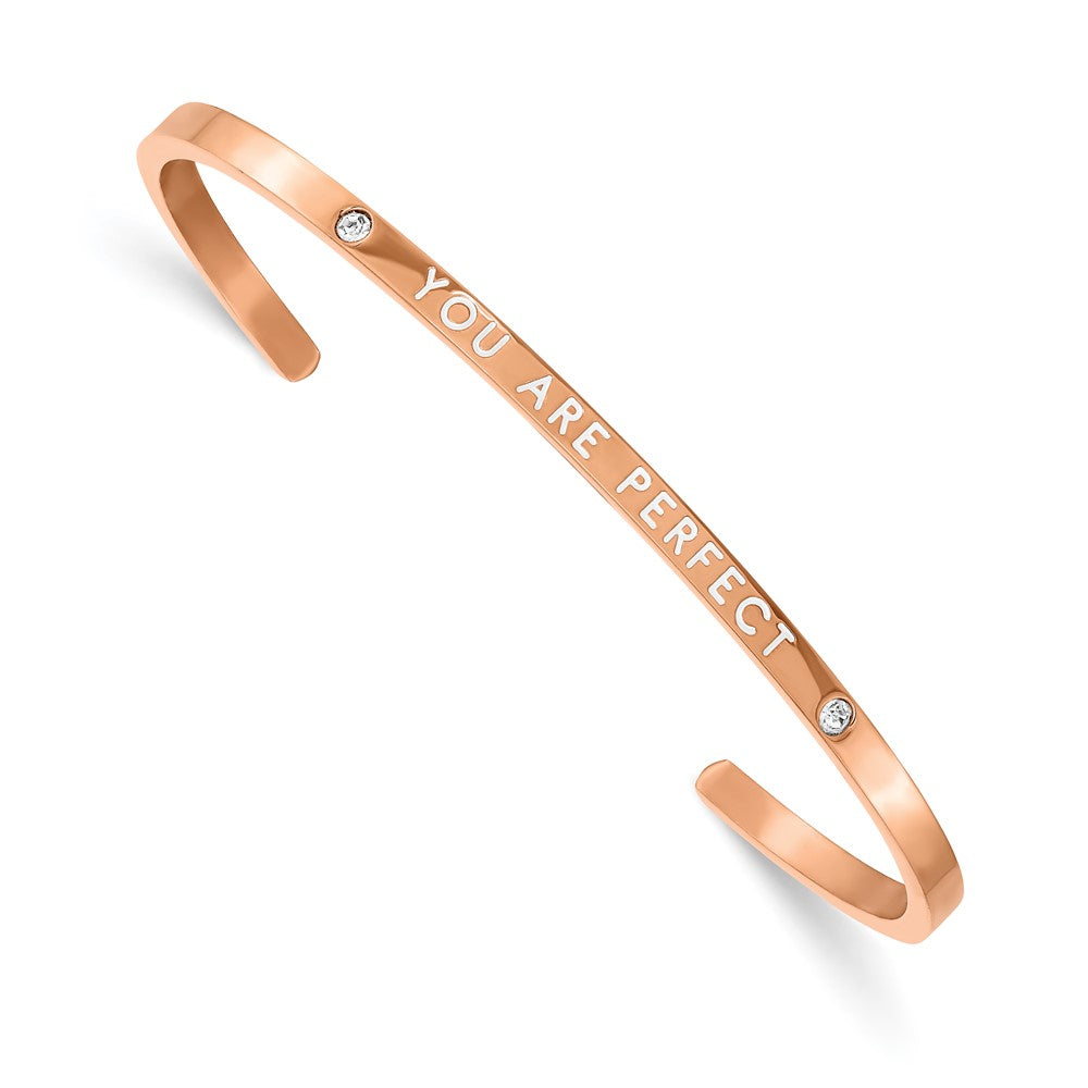 Stainless Steel Polished Rose IP Enamel/Crystal YOU ARE PERFECT Bangle 7 inches