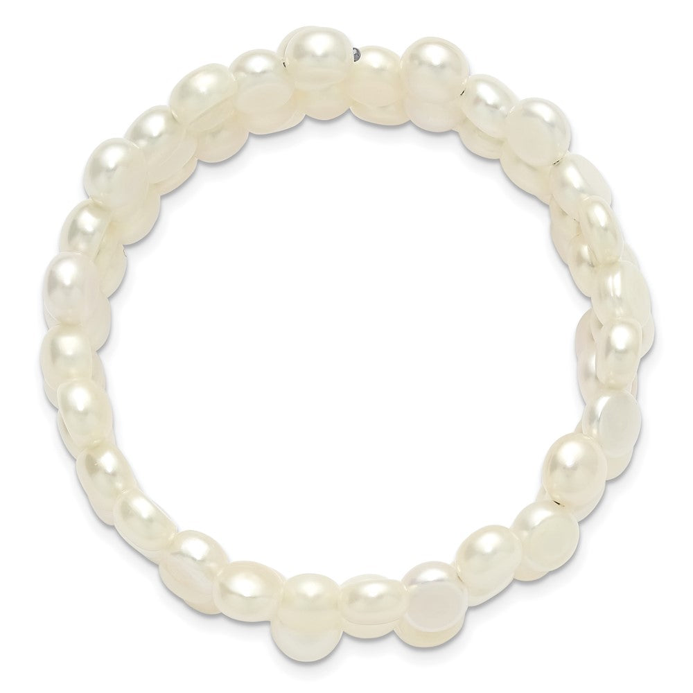 Sterling Silver Rhodium-plated 6-7mm Button White Freshwater Cultured Pearl Flexible Wrap Bracelet