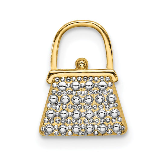 14K W/ Rhodium Textured and Polished Purse Charm