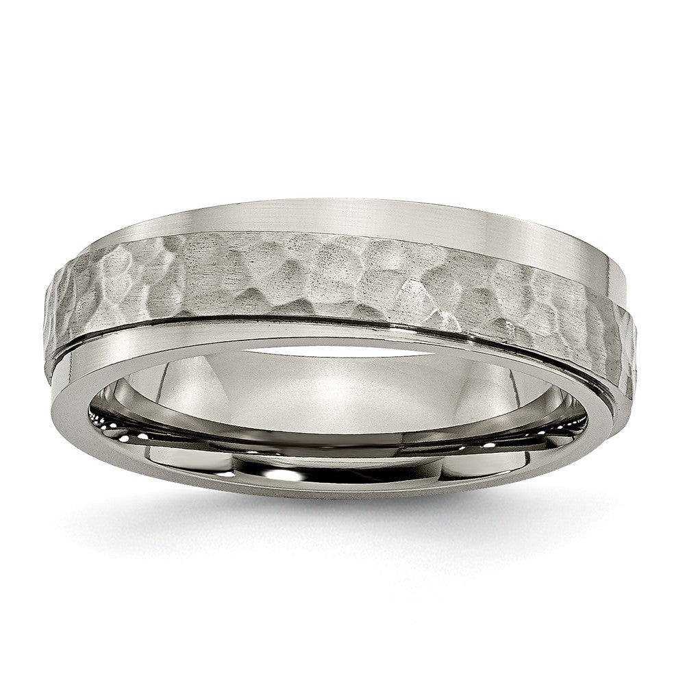 Titanium Polished and Hammered 6mm Ridged Edge Band Size - 13