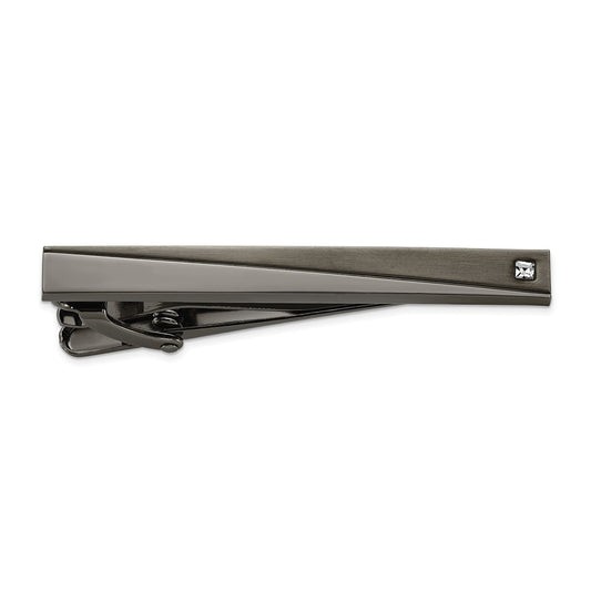 Chisel Stainless Steel Brushed and Polished Gunmetal IP-plated with CZ Tie Bar