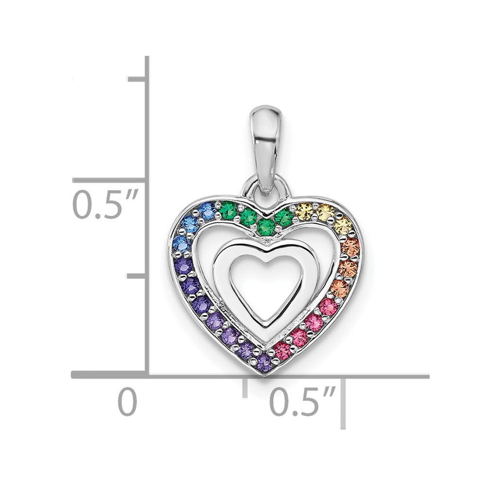 Sterling Silver RH-plated Rainbow Crystal Double Heart Children's Pendant
