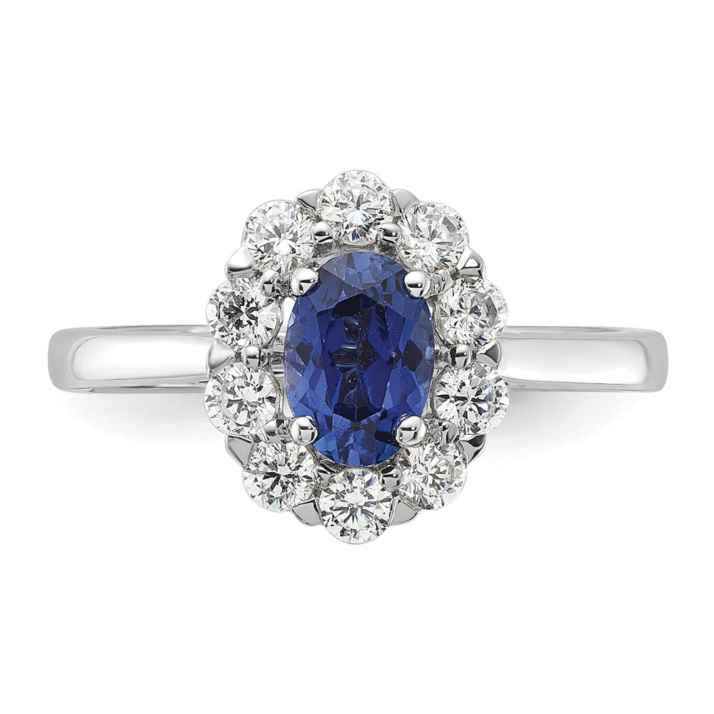 10k White Gold 5/8 carat Lab Grown Diamond VS/SI+ G+ and Oval Lab Created Blue Sapphire Halo Fashion Ring