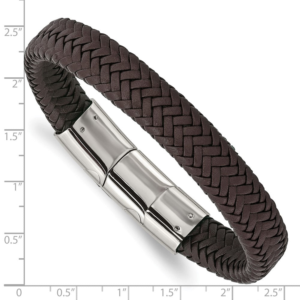 Stainless Steel Polished Woven D.Brown Leather 8in w/.5in ext Bracelet 8 inches