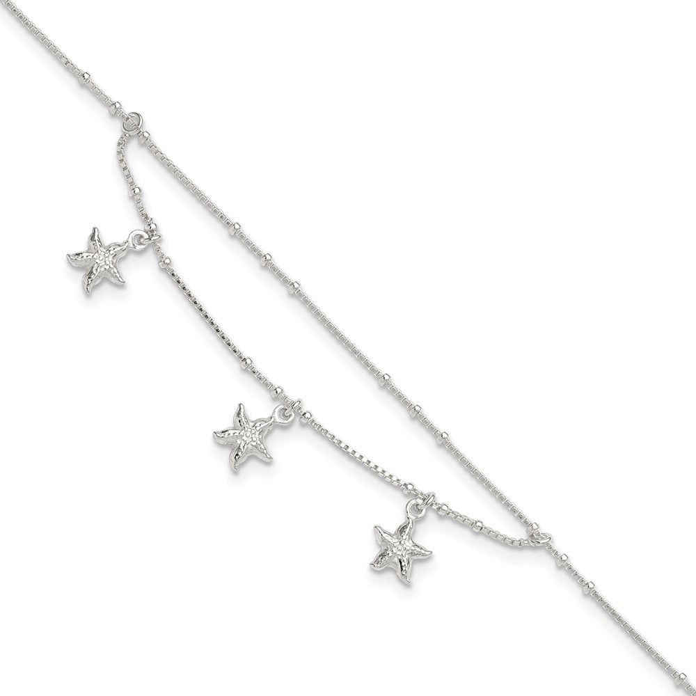 Sterling Silver Polished 2-Strand Starfish 9in Plus 1in Ext Anklet 9 inches