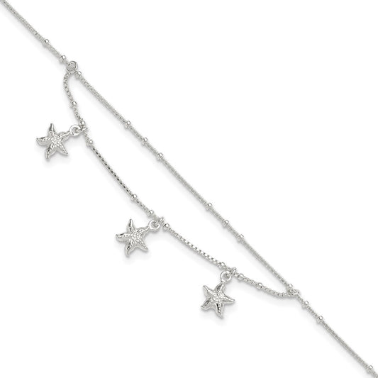Sterling Silver Polished 2-Strand Starfish 9in Plus 1in Ext Anklet 9 inches