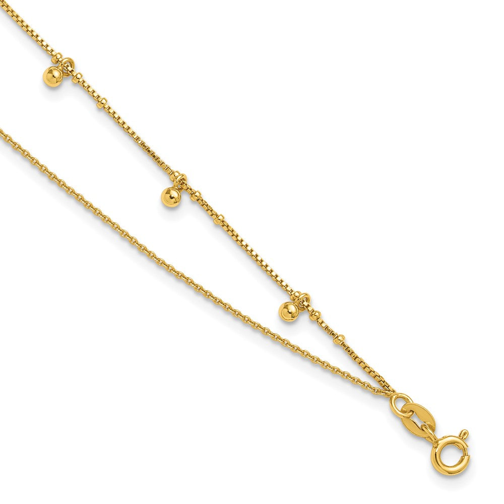 Sterling Silver Gold-tone Polished and Beaded Double Strand 9 inch with 1 inch Extension Anklet