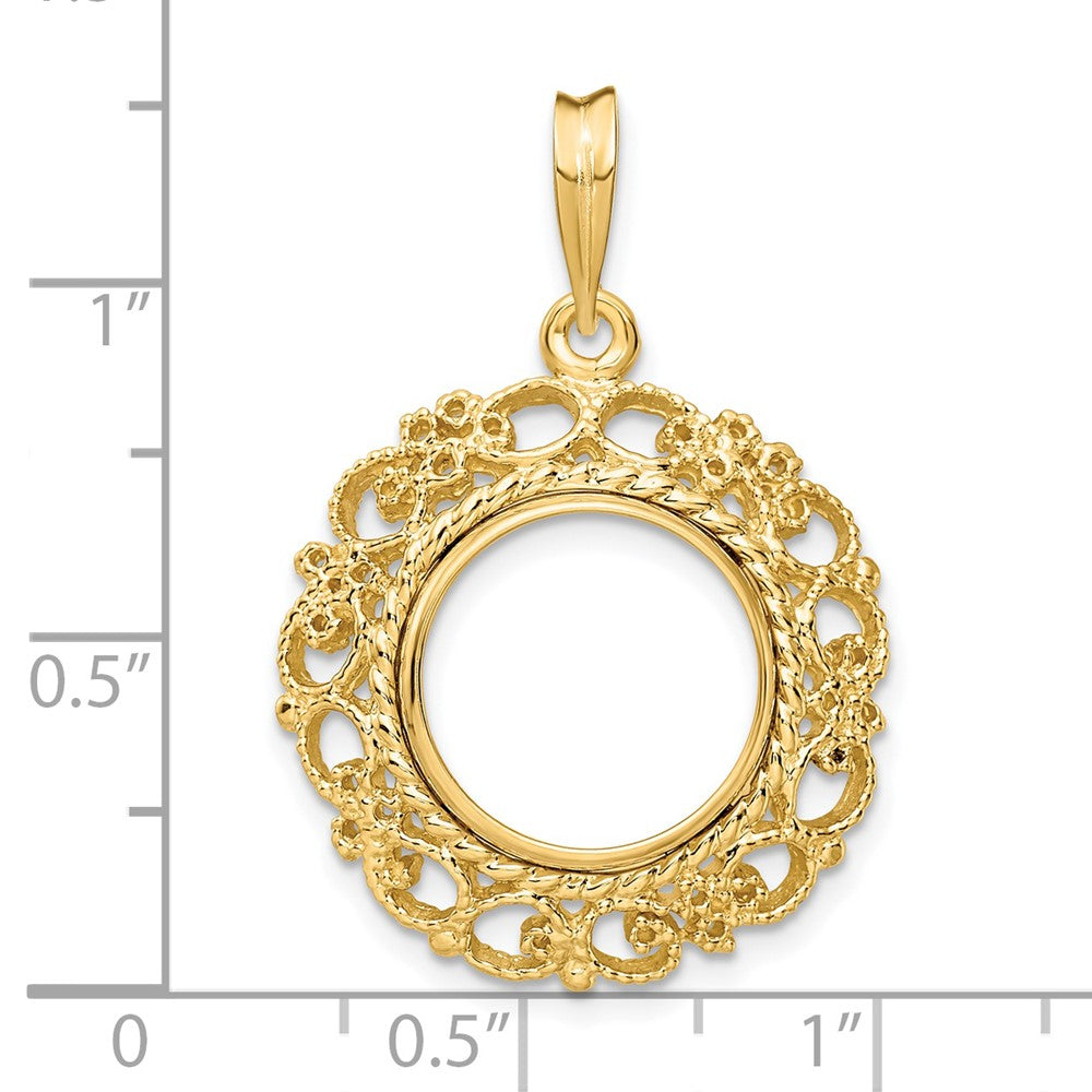 Wideband Distinguished Coin Jewelry 14k Polished and Textured Victorian 13.0mm Prong Coin Bezel Pendant