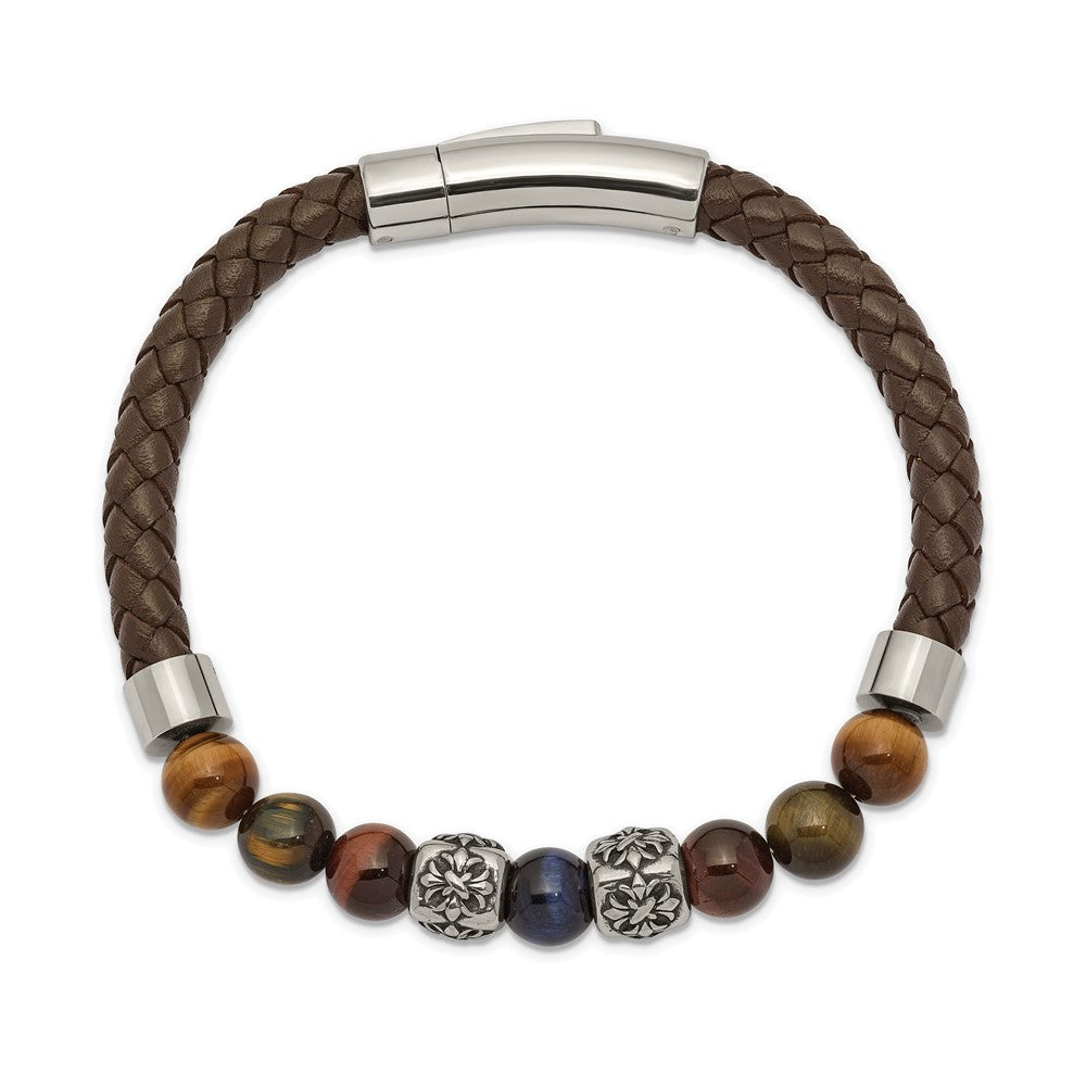 Stainless Steel Antiqued & Polished MultiColor Tiger's Eye Leather Bracelet 8.5 inches